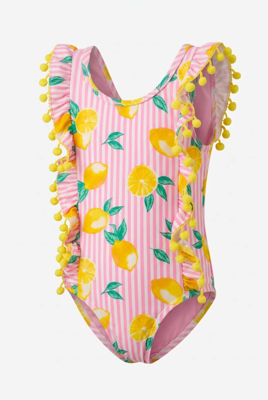 Nicole Miller Girls Lemon Print and Stripe One-Piece Swimsuit with Pom Poms